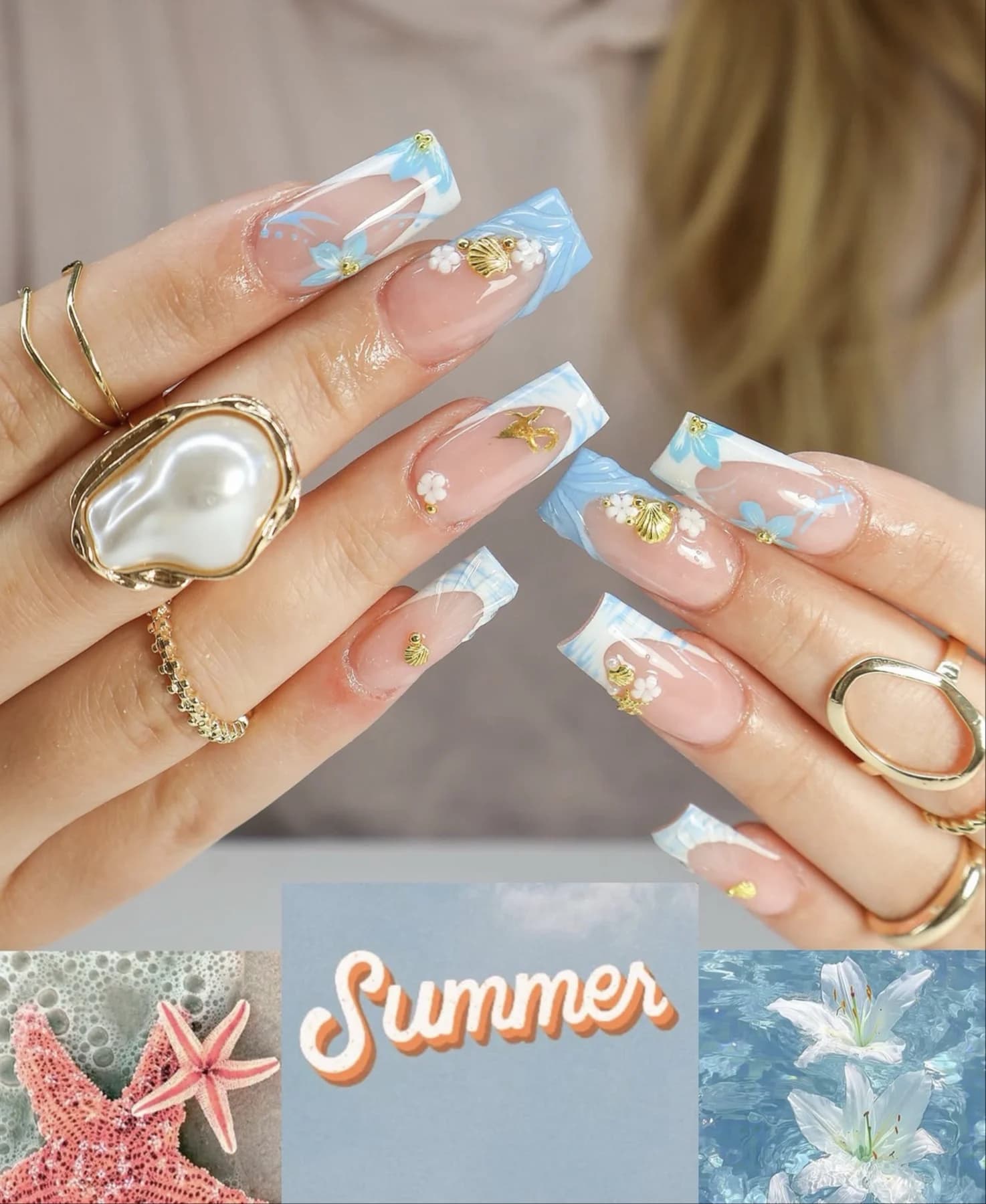 Ocean-inspired blue French square nails with gold foil and summer collage