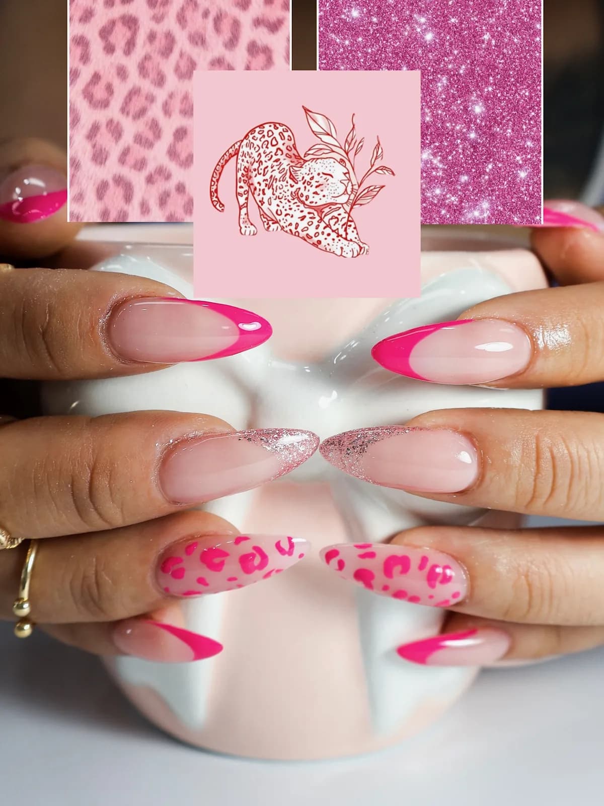 Pink French tip almond nails with hot-pink leopard accents wrapped around a white mug