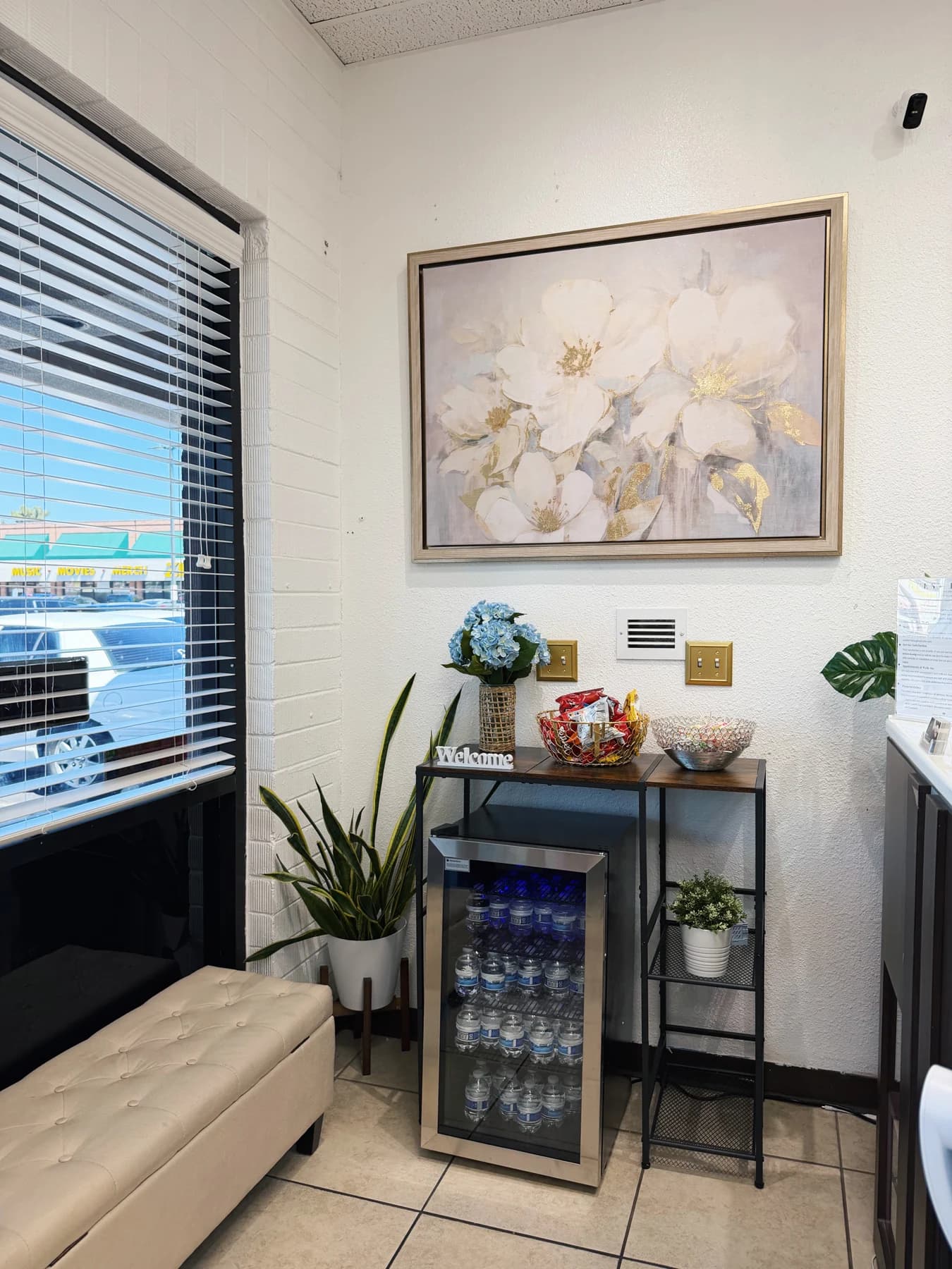 Complimentary refreshment station and built-in ventilation inside King & Queen Nails & Spa